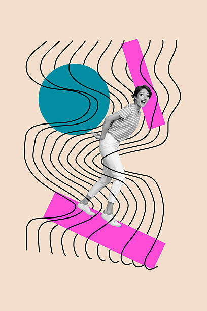 istock Template collage design trend artwork sketch of copyspace abstract line fragment design young lady happy smile model posing walk platform 2203563827