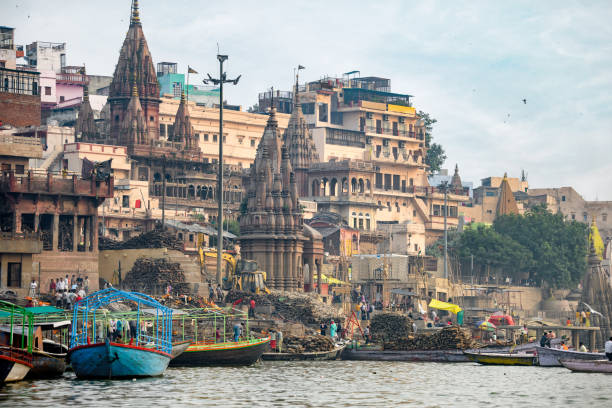 istock view on Varanasi old town with cremation place from ganges river 2203564413