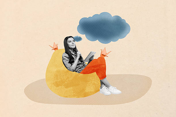 istock Trend artwork composite 3D photo collage design of young lady sit beanbag think mind cloud creative imagination dream write copybook 2203564746