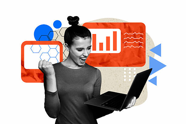 istock Creative sketch collage of happy businesswoman hold laptop chart webpage development icon success aim winning opportunity 2203564893