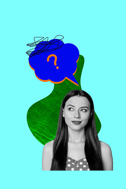 istock Vertical art trend collage of serious girl think solution bubble question mark decision idea finding speak contemplation 2203565048