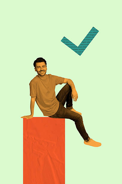 istock Zine art poster trend collage image of happy man sit chart icon think decision checkmark approval symbol agree project vote 2203565532
