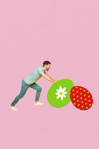 istock Trend artwork creative sketch 3D photo collage of young man walk hand hold push easter eggs seasonal springtime tradition feast holiday 2203565533