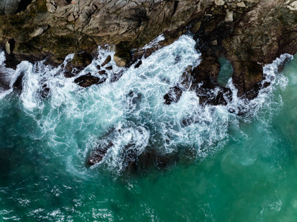 istock beautiful sea waves hiting rocks, aerial top view 2203565970