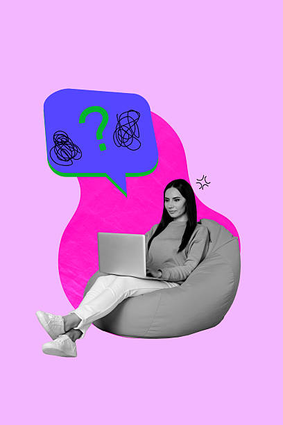 istock Vertical art trend collage of serious woman think solution type laptop bubble question mark decision idea finding speak plan 2203566005
