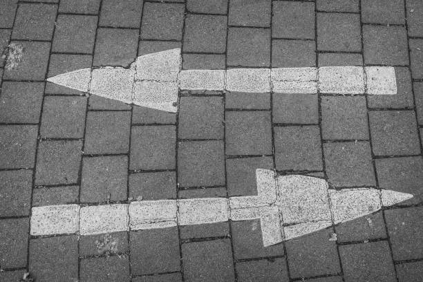 Two large directional arrows painted on a brick pavement indicate the safe paths for pedestrians in a busy urban environment. The image captures the clear guidance offered by the markings.