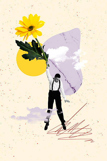 istock Vertical 3d artwork collage of astonished gentleman fly chrysanthemum flower bloom spring plant spring weather clouds march 2203567359