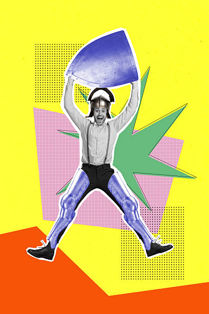 istock Composite image montage trend artwork collage of young guy happy smile jump shield up hero conqueror vintage armor knight soldier costume 2203567372