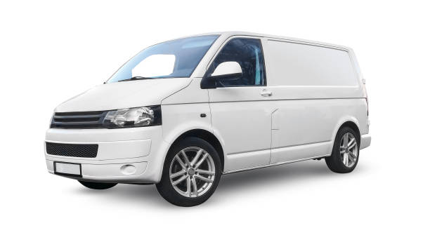 istock White van transport car isolated on white background, blank side template mock up for your design of delivery service, cargo transportation or moving, campervan. 2203568269