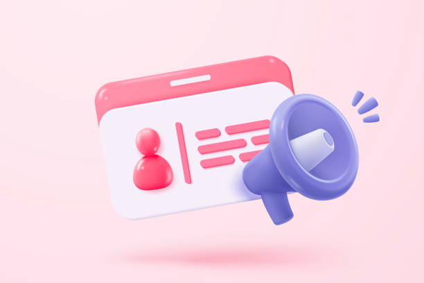 istock 3d business card and megaphone speaker or loudspeaker bullhorn for announce branding identity, megaphone loud hailer with staff resources. 3d speakerphone notice icon vector render illustration 2203570227