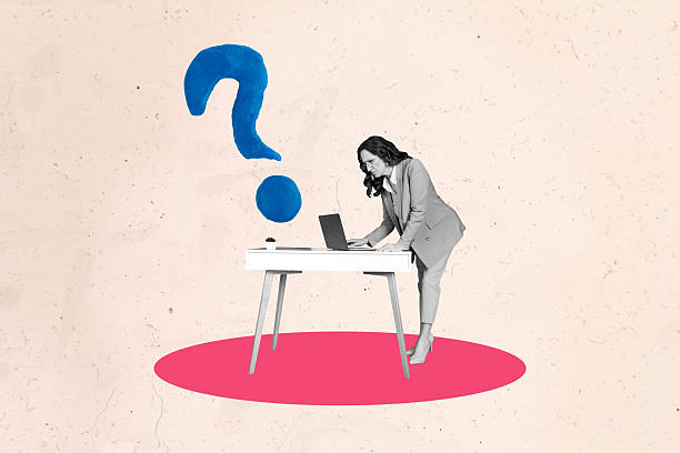istock Template sketch trend artwork 3D photo collage of aged woman stand table think question type laptop vacancy worker business hr recruitment 2203570596