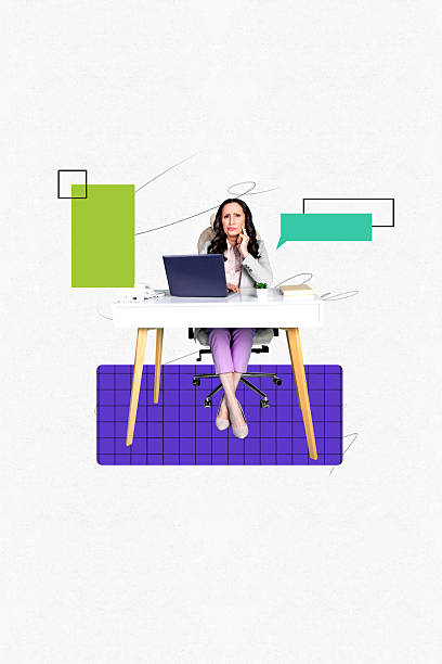 istock Vertical 3d artwork collage of serious old woman sit workplace bubble communication speech think chatterbox notification laptop 2203570599