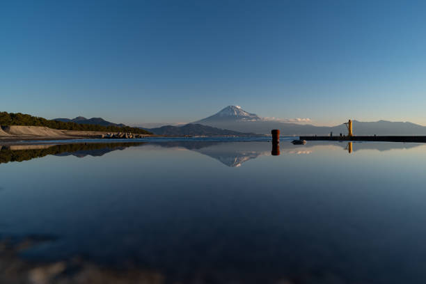 Beautiful Mt. Fuji reflected in a puddle