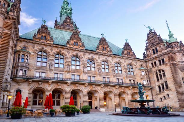 Courtyard of Hamburg City Hall (Hamburg Rathaus at night), Germany