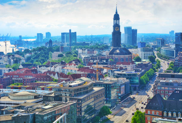 Aerial view of the St. Michael's Church (Hauptkirche Sankt Michaelis) in Hamburg, Germany