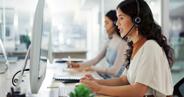 istock Call center, computer and contact us with woman in office for flight booking, customer support and advisor. Travel agent consulting, help desk and vip program with person in tour guide agency 2203575575
