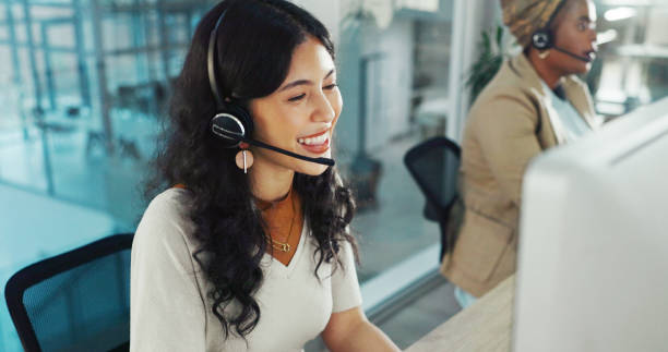 istock Call center, computer and consulting with woman in office for flight booking, customer support and itinerary planning. Travel agent, help desk and vip program with person in tour guide agency 2203575597