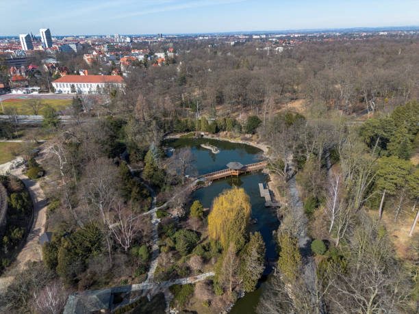 istock Spring park with a pond and a bridge. View from above. Wroclaw, Poland 2203577375