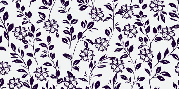 Black Floral Seamless Pattern with Hand Drawn Ink Wildflowers. Nature contemporary floral art design in retro style with subtle grunge effect perfect for modern print projects, fashion, wrapping paper. Vector illustration