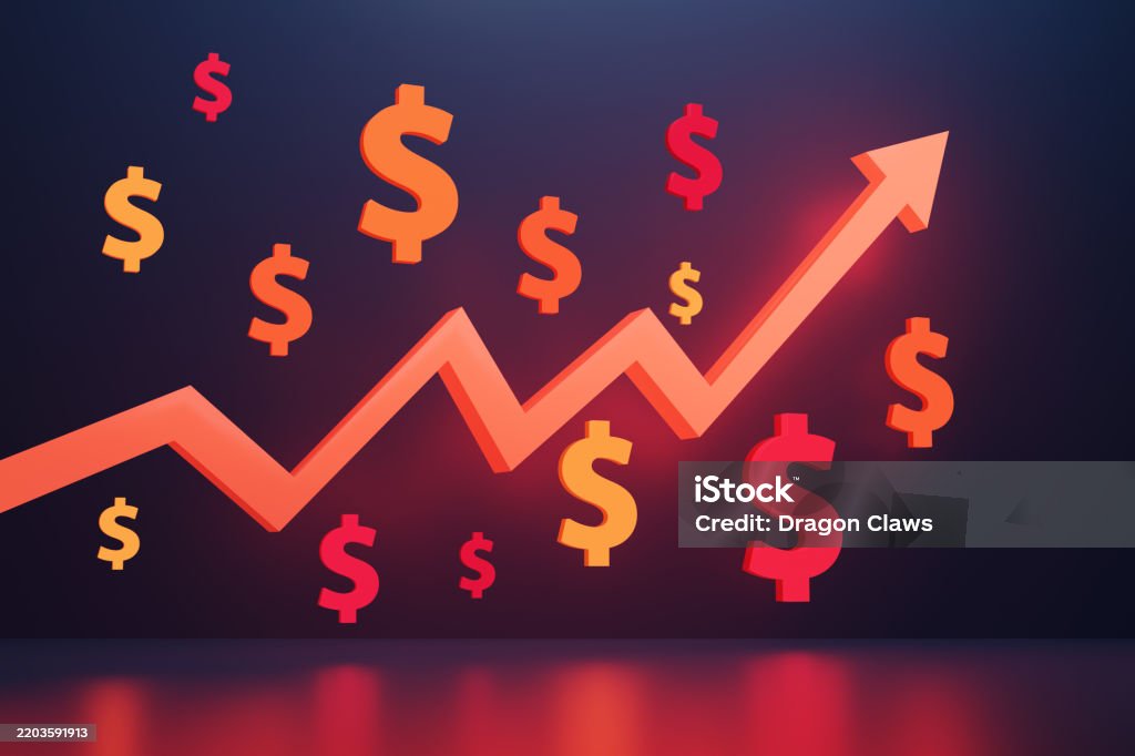 Glowing red up arrow surrounded by dollar signs in black background. Illustration of the concept of positive return on investment and business earnings Inflation - Economics Stock Photo Glowing red up arrow surrounded by dollar signs in black background. Illustration of the concept of positive return on investment and business earnings Inflation - Economics Stock Photo