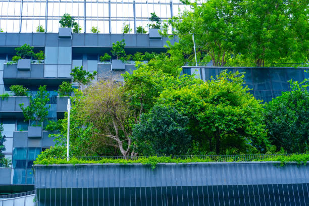 Tall structures adorned with greenery create a striking contrast against the urban skyline, showcasing nature's beauty intertwined with innovative design during a sunny afternoon.