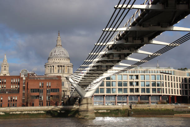 London, England, April 5 2022 - View from below the Millennium Bridge which spans the River Thames in London and is a tourist attraction
