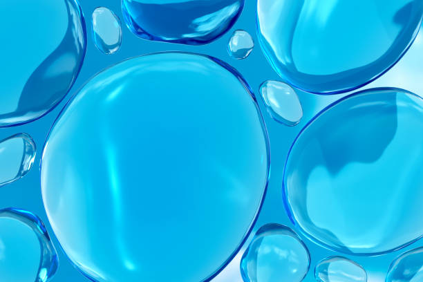 istock Blue cosmetic serum liquid macro close-up background. Concept moisturizer essence gel and collagen fluid molecules. Glossy oil droplets 3D illustration product demo backdrop wallpaper 2203603010