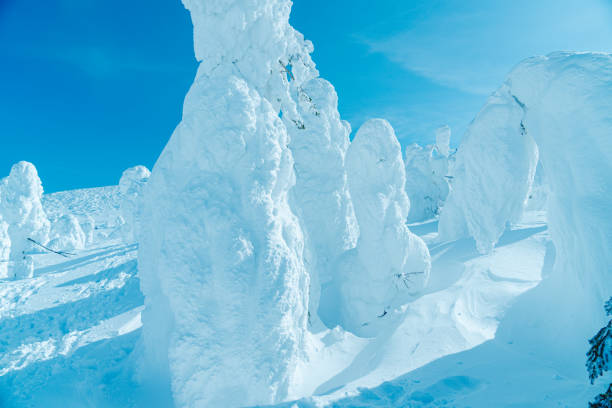 A breathtaking view of unique, wind-sculpted ice and snow formations hanging over a high-altitude mountain ridge. The foreground features sharp, jagged white ice structures created by extreme winds, framing a distant sunlit snow-capped peak. The background shows a soft blue sky with wispy clouds, emphasizing the harsh yet beautiful conditions of the alpine environment. This image highlights themes of extreme weather, natural sculpture, and the pristine beauty of the winter season.