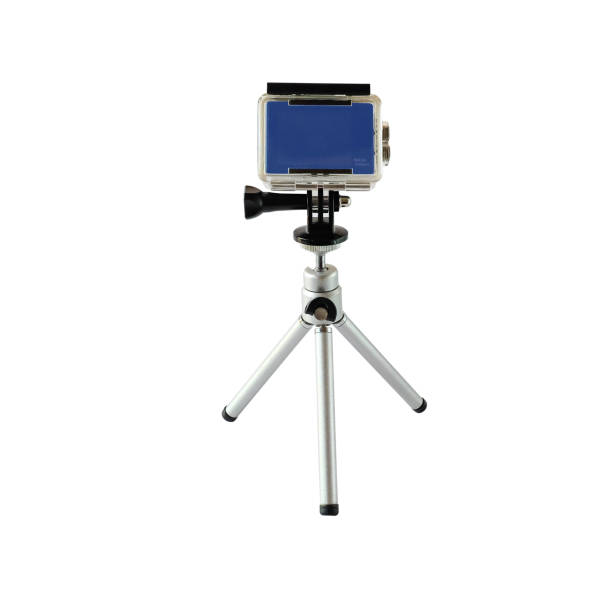 istock Action camera mouthed on mini tripod on white background. 2203604381