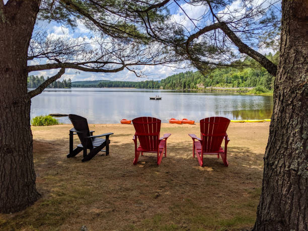 istock Scenic Lakefront View with Comfortable Adirondack Chairs and Serene Surroundings 2203606259