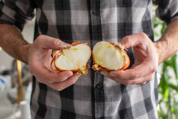 istock Close-up view of a man's hands picking up a cut red onion 2203607751