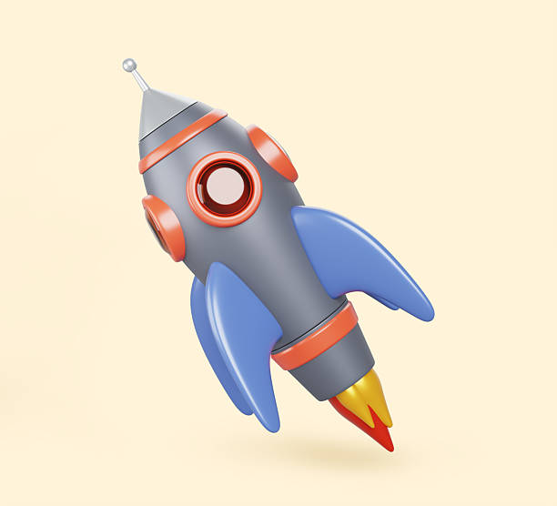 istock 3d rocket, spaceship launch with fire. Space shuttle with metal body, blue fins and flame takeoff. Cosmos exploration and travel, isolated cosmic object, cartoon game render icon 2203608262