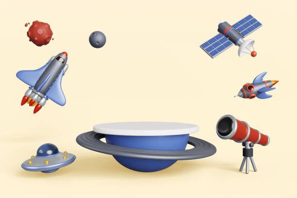 istock Space exploring with futuristic 3d podium, planets, telescope, rocket, ufo alien spaceship in sky render. Kids blue platform for education with cartoon shuttle, fly saucer, satellite 2203608312