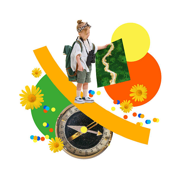 Curious child girl going on trip with backpack and binoculars, holding scenic map on colorful abstract background.