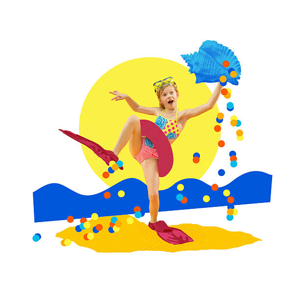 Joyful child in swimsuit dancing on sandy beach with flippers and inflatable ring, playfully tossing seashell against summer backdrop. Concept of fun, travel, vacation, beach adventure, happiness