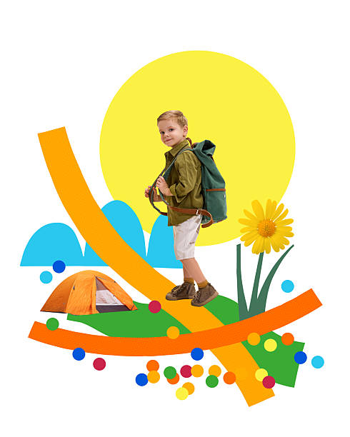 istock Smiling boy, camper wearing backpack, walking along colorful travel path with tent in background, enjoying outdoor adventure under sunny sky 2203612031
