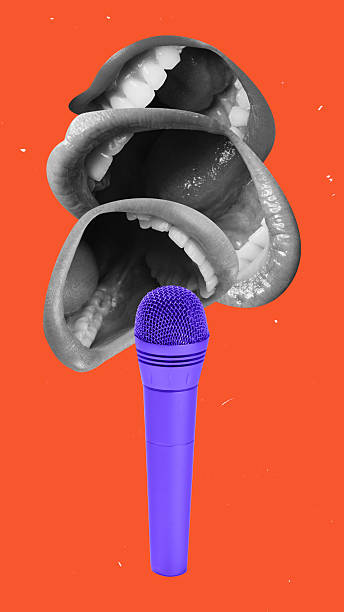 istock Modern art collage. Multiple open mouths speaking towards vibrant microphone on red background. Concept of leadership, professional discussions. 2203613051