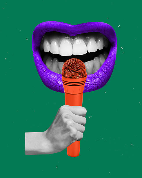 istock Modern artwork. Purple lips speaking into bright microphone held by hand against green background. Concept of business conference, media influence, 2203613052