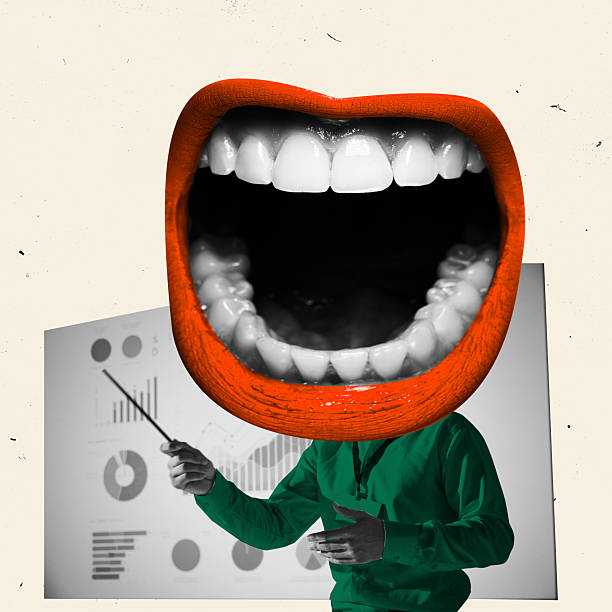 istock Modern art collage. Business professional with oversized mouth, with aggressive expression presenting data. Concept of corporate presentation. 2203613056
