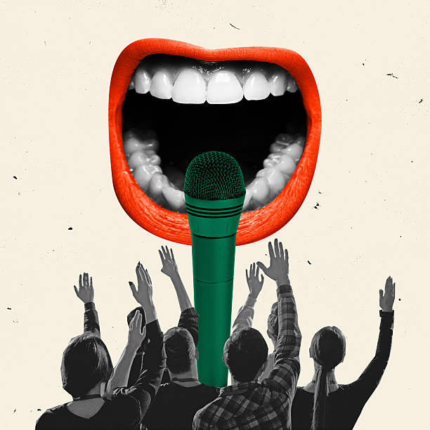 istock Modern art design. Giant open mouth with microphone, hands reaching towards it against textured background. Concept of public engagement. 2203613062