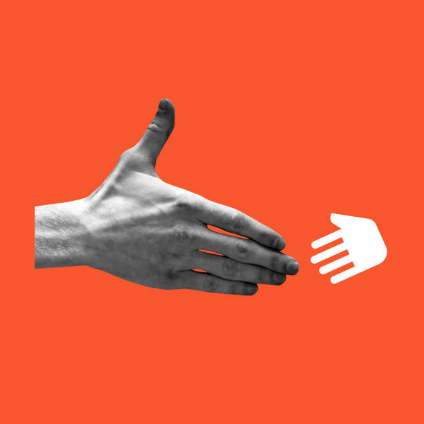 istock Virtual collaboration in modern business. Hand extending toward minimal handshake icon. Photocopy effect. 2203614058