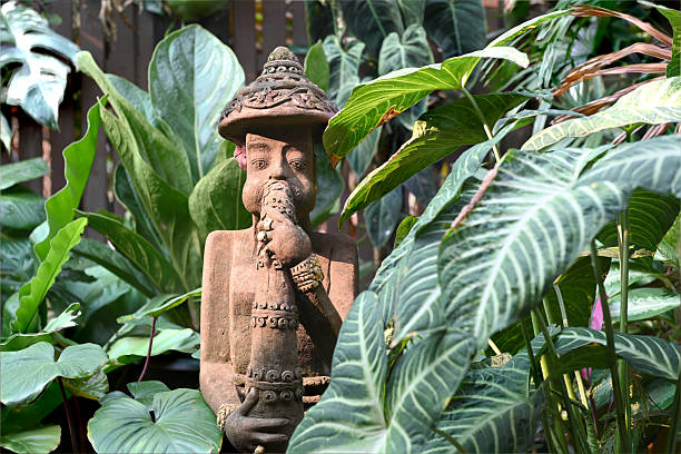 Buddha statue outside on nature and green background