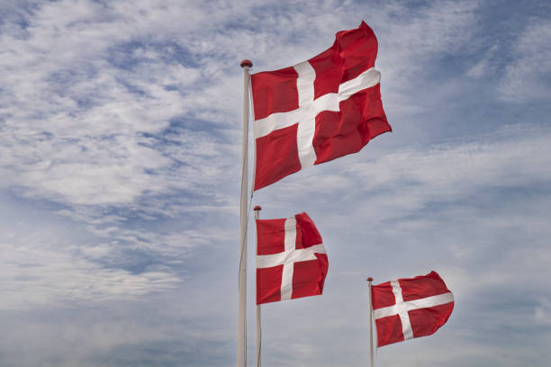 istock Denmark National Flags Flying Against a Bright Sky on a Windy Day 2203614644