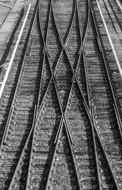 Germany, Berlin, Charlottenburg, March 05, 2025 - High angle view of rail crossings