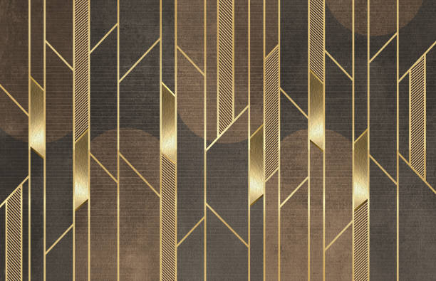 istock 3d modern abstract mural wallpaper. Golden pattern lines on dark wooden background . for interior living room wall home decor 2203619228