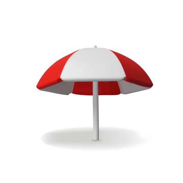 3d red beach umbrella 3 3d red beach umbrella 3. Travel vector illustration. Three-dimensional sun parasol for summer holiday season. Relax vacation. Sunshade protection on the sand, sea, ocean. Tropical rest in the shadow red beach chairs stock illustrations