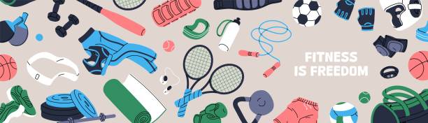illustrazioni stock, clip art, cartoni animati e icone di tendenza di progettazione di banner pubblicitari con articoli per il fitness e spazio per il testo. modello di promozione con attrezzature sportive, diversi accessori per l'allenamento e varie forniture per l'allenamento. illustrazione vettoriale piatta - sci-attrezzatura-sportiva