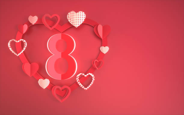 3d render Gold Line Heart Shape on Red Background with 8 Text Around Different Paper Hearts, Happy International Women's Day on March 8 (Close-up)