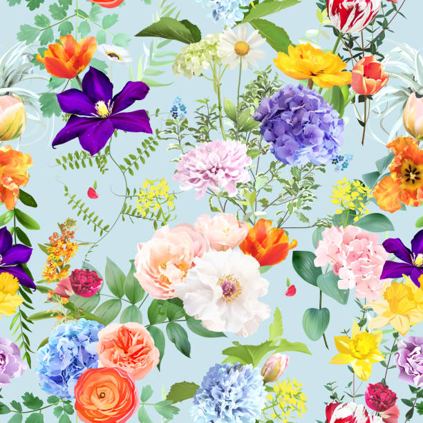 Summer garden floral print with leaves and flowers. Spring tulips, hydrangea, ranunculus, hyacinth, daffodil Summer garden floral print with leaves and flowers. Spring tulips, hydrangea, ranunculus, hyacinth, daffodil and plants. Botanical pattern design. Seamless vector colorful pattern. On blue background hyacinth red stock illustrations