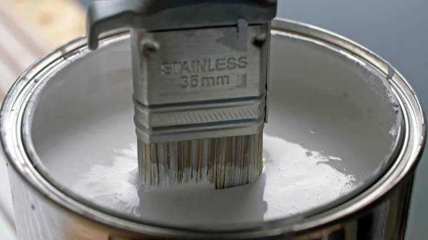 istock Hand of painter dipping a brush into a bucket with white paint 2203630905
